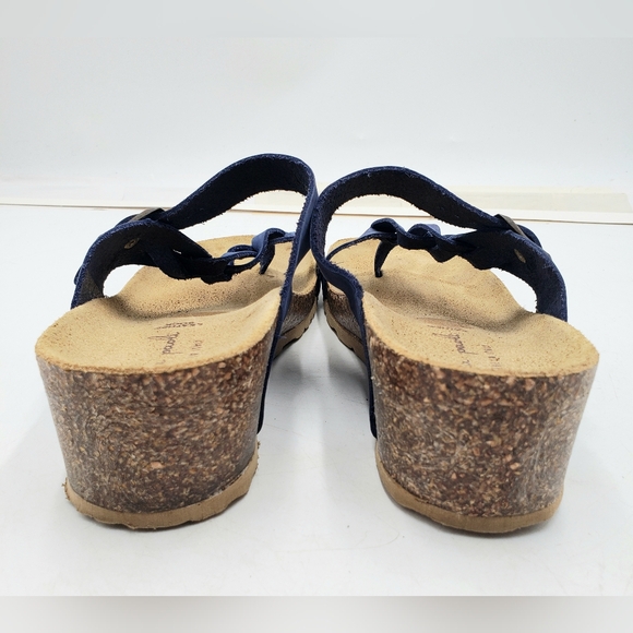 Mila Paoli Women 9.5 Cork Wedge Leather Sandals Blue Toe Wrap Braid Buckle Strap - Picture 3 of 11